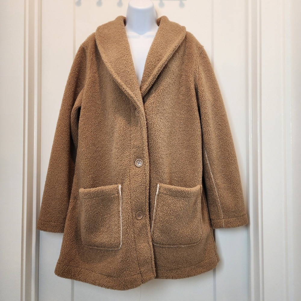 Susan Graver‎ Reversible Coat M Cream Tan Teddy Sherpa Jacket Cozy Quiet Luxury - Picture 2 of 11